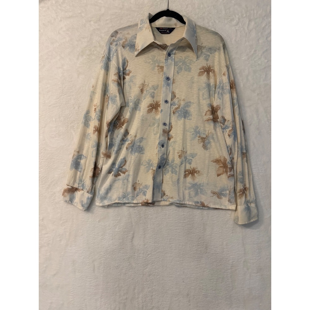 Vintage JCPenney European Fit Leaf Print Knit Button Down Shirt XL 70s Retro
